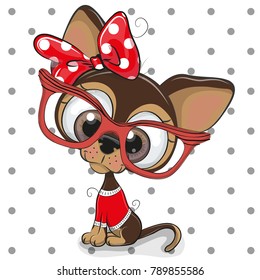 Cute Cartoon Puppy with red glasses on a dots background