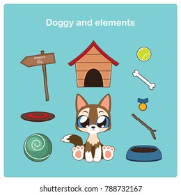 Cute cartoon puppy with relevant items