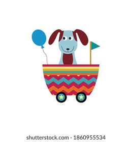 Cute cartoon puppy riding in toy wagon or railroad cart, flat vector illustration isolated on white background. Funny dog in children railway train trolley.