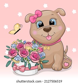 Cute cartoon puppy with rose bouquet and butterfly. Vector illustration of animal on pink background with flowers.