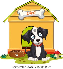 Cute cartoon puppy sitting by its doghouse