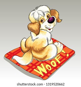 cute cartoon puppy sitting on the rug inscription woof!