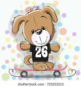Cute Cartoon Puppy with skateboard on a dots background