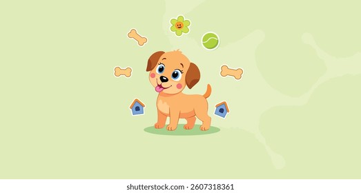 cute cartoon puppy surrounded by playful objects