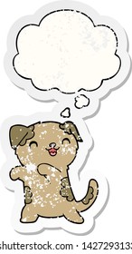 cute cartoon puppy with thought bubble as a distressed worn sticker