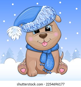 A cute cartoon puppy in a warm hat and scarf is sitting on the snow. Winter animal vector illustration on blue background.