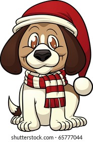 Cute cartoon puppy wearing a Christmas hat. Vector illustration with simple gradients.