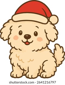 A cute cartoon puppy wearing a Santa hat, sitting happily with a festive smile. Perfect for Christmas-themed designs and holiday greetings.

