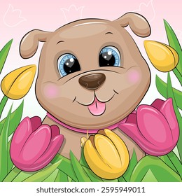 Cute cartoon puppy with yellow and pink tulips. Spring vector illustration of animal and flowers on a pink background.