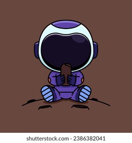 cute cartoon purple astronaut mascot hold chocolate on chocolate planet,adorable cartoon mascot illustration