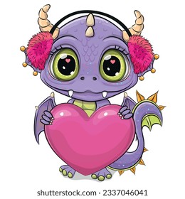 Cute Cartoon Purple Baby Dragon with heart and fur headphones