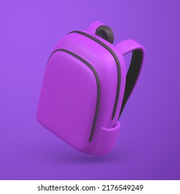 Cute cartoon purple backpack. 3d realistic school bag. Back to school concept. Vector illustration.