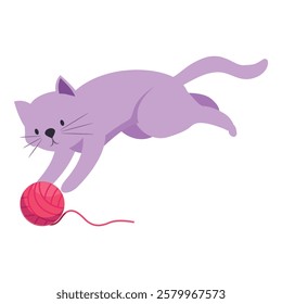 Cute cartoon purple cat jumping and catching a red yarn ball in a playful manner