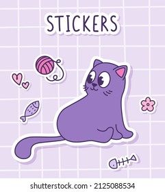 A cute cartoon purple cat sits and looks away. Sticker of a cat with toys on a checkered background. Label Sticker. Vector illustration