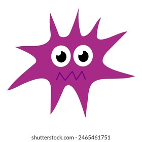 Cute cartoon purple character bacteria, microbe, germ. Microbiology organism. Mascot expressing emotion. Vector children illustration in flat design.