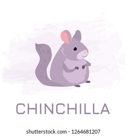 Cute cartoon purple chinchilla on a purple watercolor background. Vector illustration EPS10