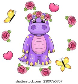 Cute cartoon purple dinosaur with a flower wreath in a pink frame with hearts and butterflies. Vector illustration of an animal on a white background.