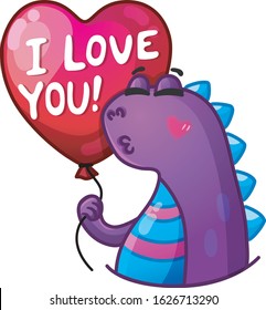 A cute cartoon purple dinosaur holds a balloon in the shape of a red heart with the words I love you. A great design element for Valentine`s Days. Hand-drawn vector illustration.