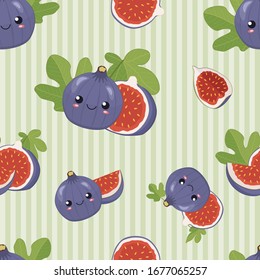 Cute cartoon purple figs fruit with smiling faces, leaves, pieces and slices of fig on the green striped background, funny seamless vector pattern for children.