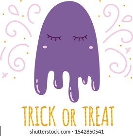 Cute cartoon purple ghost. Ttck or treat. Happy halloween greeting  or invitation card.