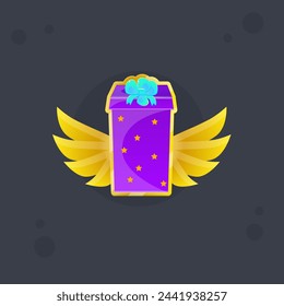 Cute Cartoon Purple Gift Icon Blue Four Loop Bow Present In Golden Frame With Wings Holiday Win Award Achievement Vector Design