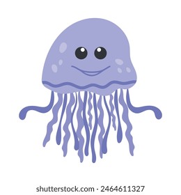 Cute cartoon purple hand drawn jellyfish. Vector illustration for children's pictures, web design, on a white background.