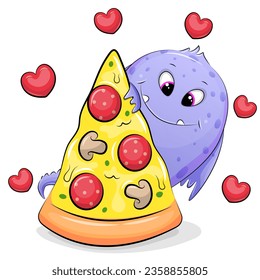 Cute cartoon purple monster with a big piece of pizza. Vector illustration of animal on a white background with red hearts.