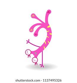 Cute cartoon purple monster makes a stand on his hands 