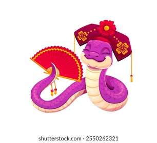 Cobra roxa de desenho animado bonito no tradicional chapéu chinês adornado com flores e segurando um ventilador vermelho em sua cauda, sorrindo calorosamente. Caractere do ano lunar chinês 2025, símbolo do feriado do réptil do zodíaco