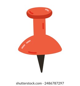 Cute cartoon push pin with plastic red top and needle. Thumbtack, pointer, fixation button head for attaching paper to notice and cork board. Hand drawn office and school stationery clipart isolated.