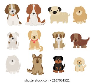 Cute cartoon pyppy dogs set. Puppy beagle, gold retriever, labrador, pomeranian, poodle, pug, bulldog, boxer, dachshund, cocker spaniel. Home pets dog lovers vector design. 