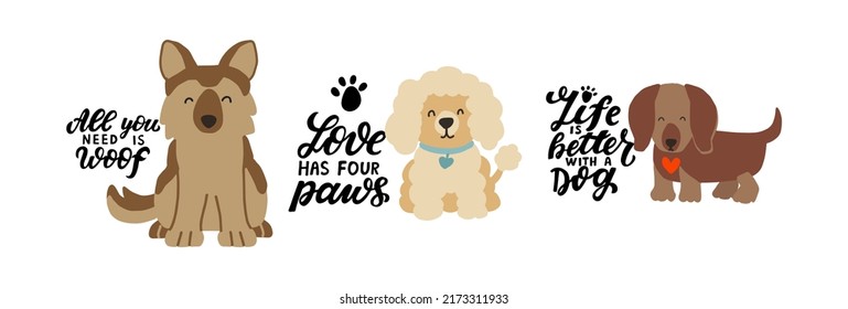 Cute cartoon pyppy dogs set. Puppy poodle,german shepherd, dachshund. Home pets dog lovers vector design with dog lovers phrases.