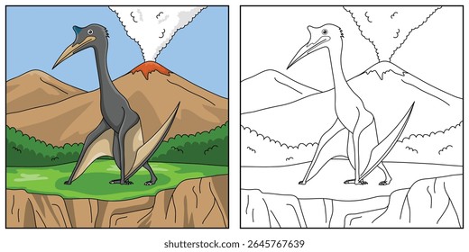 Desenho animado bonito Quetzacoatlus, ilustração engraçada, livro de colorir para crianças e crianças.