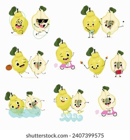 Cute cartoon quince character set, collection. Flat vector illustration. Activities, playing musical instruments, sports, funny fruits.