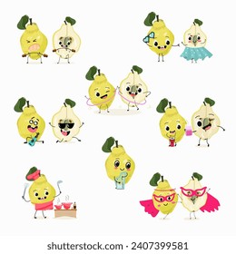 Cute cartoon quince character set, collection. Flat vector illustration. Activities, playing musical instruments, sports, funny fruits.