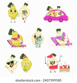 Cute cartoon quince character set, collection. Flat vector illustration. Activities, playing musical instruments, sports, funny fruits.