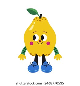 Cute cartoon quince illustration on a white background. Funny colorful character.