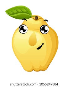 Cute cartoon quince smiling fruit. Vector illustration isolated on white background. Web site page and mobile app design.