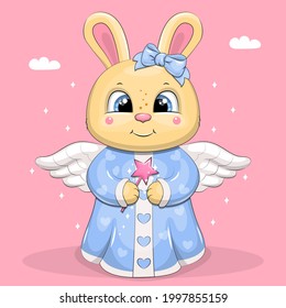 Cute cartoon rabbit angel in blue. Vector illustration of an animal on a pink background with stars and clouds.