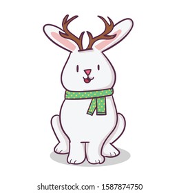 Cute cartoon rabbit with antlers and a scarf