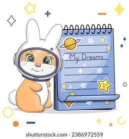 A cute cartoon rabbit astronaut with a blue notebook with stickers. Vector illustration of an animal on a white background with stars, circles.