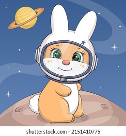 A cute cartoon rabbit astronaut is sitting on the planet. Vector illustration of an animal on a dark blue background.