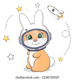 Cute cartoon rabbit astronaut with stars and spaceship. Space vector illustration on white background.