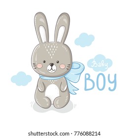 Cute cartoon rabbit baby boy with blue bow and handwritten lettering