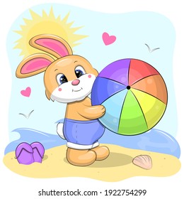 Cute cartoon rabbit with a ball on the beach. Summer animal vector illustration.