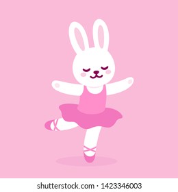 Cute cartoon rabbit ballerina drawing. Little bunny character dancing ballet in pink tutu. Kawaii and simple vector illustration.