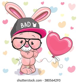 Cute Cartoon Rabbit with balloon on the hearts background