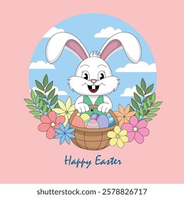 Cute cartoon rabbit with basket with easter eggs on pink background, flat style