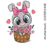 Cute cartoon Rabbit in a basket of flowers on a white background