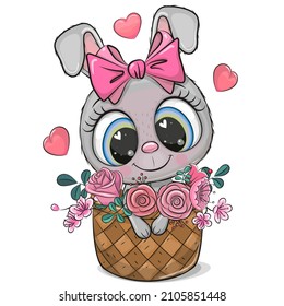 Cute cartoon Rabbit in a basket of flowers on a white background